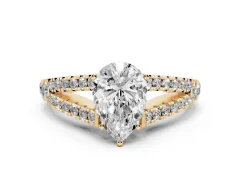 Pear Cut Diamond Split Shank Pavé Engagement Ring Set in Yellow gold with Prong-Held Center Stone
