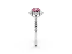 Fancy Pink Cushion Cut Diamond Halo Ring Set in White gold with Pavé Band and Prong Setting