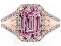 Fancy Pink Emerald Cut Diamond Halo Split Shank Pavé Ring Set in Rose gold with Prong Setting