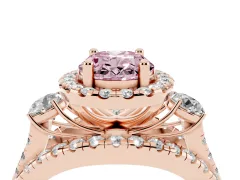 Fancy Pink Oval Cut Diamond Halo Split Shank Ring Set in Rose gold with Round Accent Stones and Prong Setting