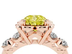 Fancy Yellow Cushion Cut Diamond Floral Halo Ring Set in Rose gold with Shared Prong Band