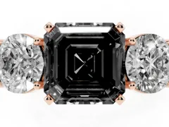 Fancy Black Asscher Cut Diamond Three-Stone Ring Set in Rose gold with Round Side Stones and Classic Band