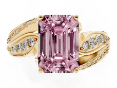 Fancy Pink Emerald Cut Diamond Solitaire Ring Set in Yellow gold with Layered Twist Pavé Band