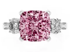 Fancy Pink Cushion Cut Diamond Three-Stone Ring Set in White gold with Pavé Band and Smaller Side Stones