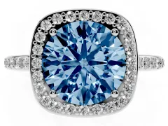 Fancy Blue Round Cut Diamond Halo Engagement Ring Set in White gold with Round Pavé Shoulders and Heart Gallery