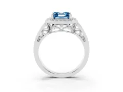 Fancy Blue Asscher Cut Diamond Halo Ring Set in White gold with Pavé and Bezel Accent Split Shank