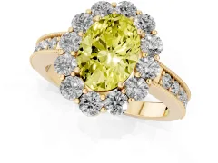 Fancy Yellow Oval Cut Diamond Halo Pavé Engagement Ring Set in Yellow gold with Milgrain Detailing