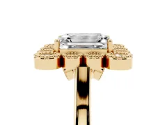 Emerald Cut Diamond Cluster Halo Ring Set in Yellow gold with Milgrain Bezel Accents and Plain Band