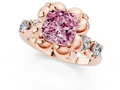 Fancy Pink Cushion Cut Diamond Floral Halo Ring Set in Rose gold with Shared Prong Band