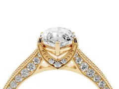 Marquise Cut Diamond Solitaire Ring Set in Yellow gold with Milgrain-Edged Pavé Band and Prong Setting