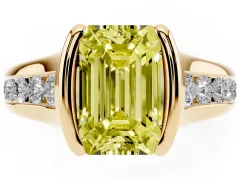 Fancy Yellow Emerald Cut Diamond Bezel-Set Solitaire Ring Set in Yellow gold with Channel-Set Band