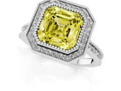 Fancy Yellow Asscher Cut Diamond Halo Milgrain Pavé Band Ring Set in White gold with Prong Setting