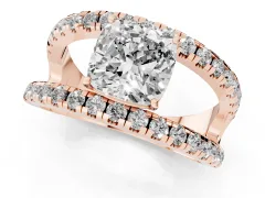 Cushion Cut Diamond Split Shank Pavé Solitaire Ring Set in Rose gold with Open Shank Design