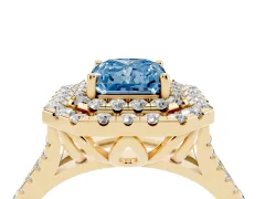 Fancy Blue Radiant Cut Diamond Double Halo Ring Set in Yellow gold with Pavé Split Shank and Prong Setting