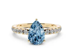 Fancy Blue Pear Cut Diamond Pavé Solitaire Engagement Ring Set in Yellow gold with Prong Setting