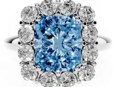 Fancy Blue Radiant Cut Diamond Halo Cluster Engagement Ring Set in White gold with Polished Band and Prong Setting