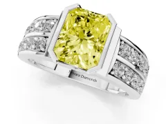 Fancy Yellow Radiant Cut Diamond Wide Channel Set Band Ring Set in White gold with Bezel Setting