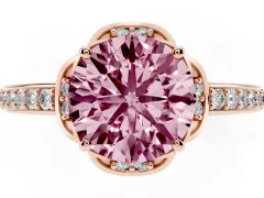 Fancy Pink Round Cut Diamond Halo Ring Set in Rose gold with Channel Set Band and Prong Setting