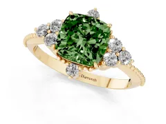 Fancy Green Cushion Cut Diamond Cluster Ring Set in Yellow gold with Beaded Band