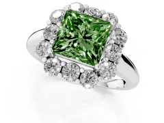 Fancy Green Princess Cut Diamond Milgrain Halo Solitaire Ring Set in Silver with Bezel Set Side Stones and Pavé Band