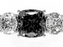 Fancy Black Cushion Cut Diamond Three-Stone Ring Set in Platinum with Round Side Stones and Classic Band