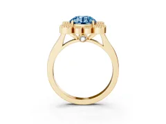 Fancy Blue Round Cut Diamond Cluster Halo Ring Set in Yellow gold with Milgrain Bezel Accents and Plain Band