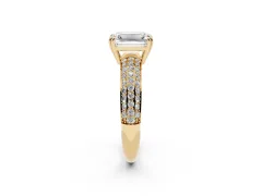 Emerald Cut Diamond Solitaire Ring Set in Yellow gold with Multi-Row Round Pavé Band and Prong Setting