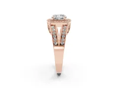 Cushion Cut Diamond Halo Ring Set in Rose gold with Stone-Set Split Shank and Milgrain Edges