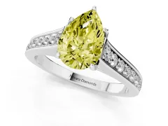 Fancy Yellow Pear Cut Diamond Solitaire Pavé Engagement Ring Set in White gold with Prong Setting