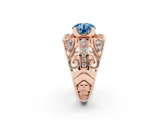 Fancy Blue Round Cut Diamond Art Deco Ring Set in Rose gold with Pavé Split Shank