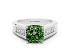 Fancy Green Cushion Cut Diamond Solitaire Ring Set in Silver with Channel-Set Accent Stones and Prong Setting