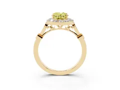 Fancy Yellow Oval Cut Diamond Halo Engagement Ring Set in Yellow gold with Twisted Band and Prong Setting