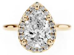 Pear Cut Diamond Halo Engagement Ring Set in Yellow gold with Pavé Band and Rising Shoulders