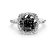Fancy Black Round Cut Diamond Halo Engagement Ring Set in Platinum with Round Pavé Shoulders and Heart Gallery