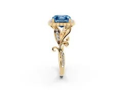 Fancy Blue Asscher Cut Diamond Halo Ring Set in Yellow gold with Leaf Motif Split Shank and Prong Setting