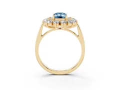 Fancy Blue Emerald Cut Diamond Floral Double Halo Ring Set in Yellow gold with Round Petals