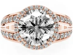 Round Cut Diamond Halo Ring Set in Rose gold with Double Pavé Split Shank