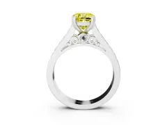 Fancy Yellow Cushion Cut Diamond Channel Set Solitaire Engagement Ring Set in White gold with Prong Setting