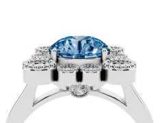 Fancy Blue Round Cut Diamond Cluster Halo Ring Set in Platinum with Milgrain Bezel Accents and Plain Band
