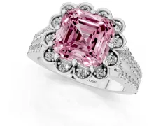 Fancy Pink Asscher Cut Diamond Floral Halo Split Shank Engagement Ring Set in Platinum with Pavé Shank