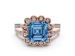 Fancy Blue Asscher Cut Diamond Floral Halo Split Shank Engagement Ring Set in Rose gold with Pavé Shank