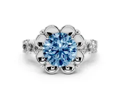 Fancy Blue Round Cut Diamond Floral Halo Ring Set in White gold with Shared Prong Band