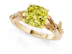 Fancy Yellow Cushion Cut Diamond Solitaire Ring Set in Yellow gold with Leaf Motif Band