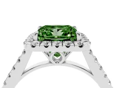Fancy Green Princess Cut Diamond Pavé Halo Engagement Ring Set in White gold with Pavé Band and Prong Setting