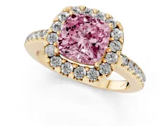 Fancy Pink Cushion Cut Diamond Pavé Halo Ring Set in Yellow gold with Prong Setting