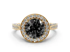 Fancy Black Round Cut Diamond Halo Engagement Ring Set in Yellow gold with Accent Split Shank Band