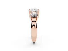 Princess Cut Diamond Three-Stone Ring Set in Rose gold with Round Side Stones and Classic Band