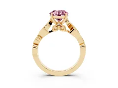 Fancy Pink Round Cut Diamond Vine Band Solitaire Ring Set in Yellow gold with Milgrain Prong Setting