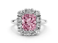 Fancy Pink Radiant Cut Diamond Halo Cluster Engagement Ring Set in Silver with Polished Band and Prong Setting