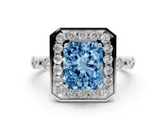 Fancy Blue Radiant Cut Diamond Halo Engagement Ring Set in Platinum with Twisted Band and Prong Setting